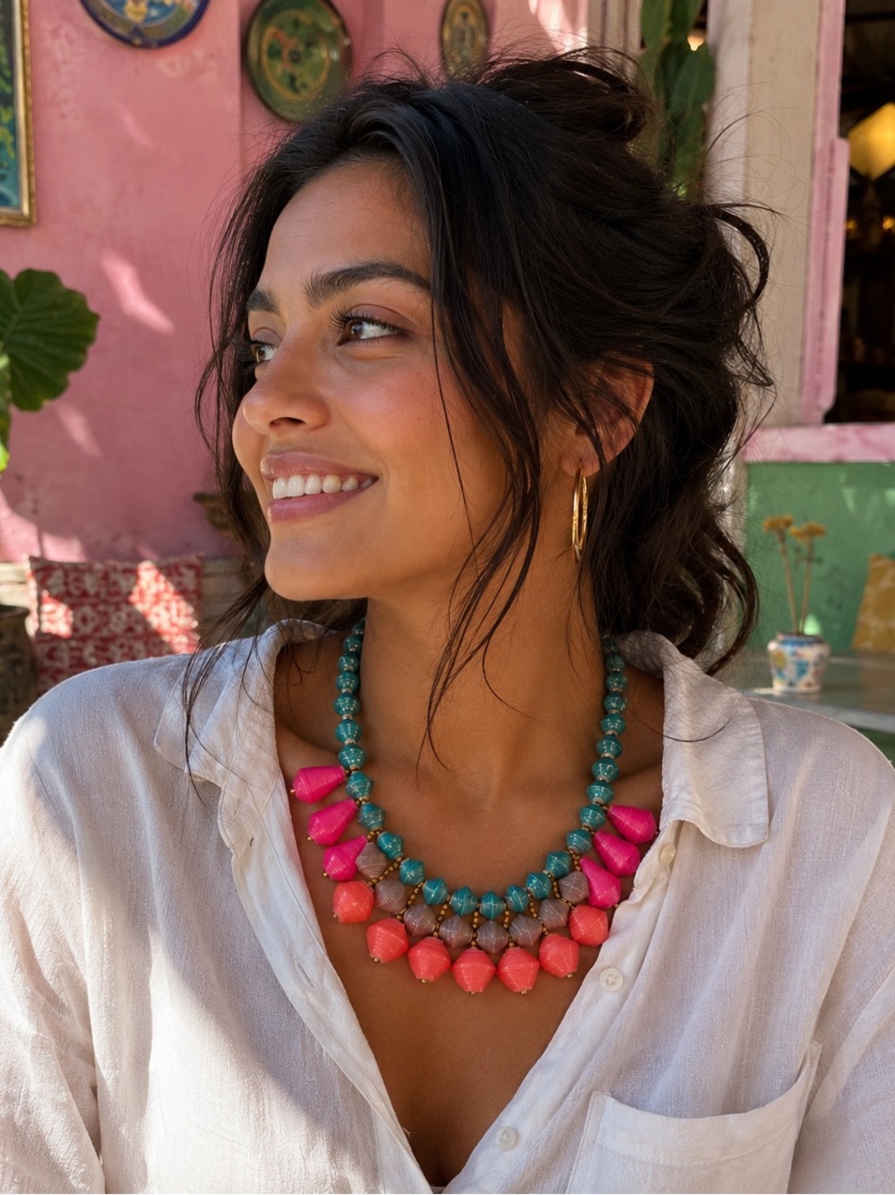 Colorful Statement Beaded Necklace Pink Coral Turquoise Boho Resort Chic